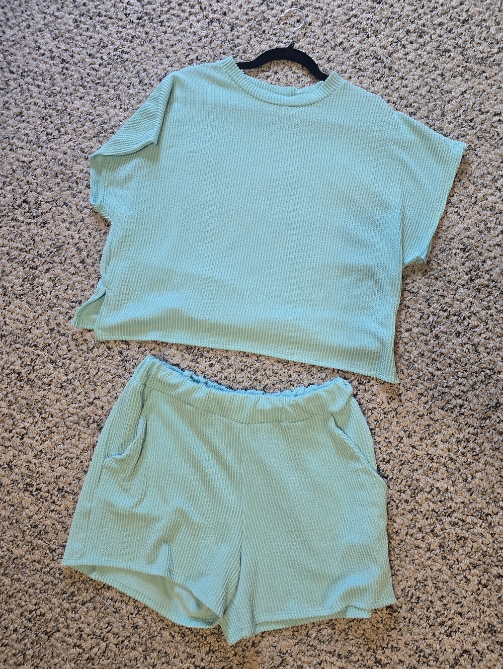 Women's Two-Piece Light Aqua Waffle Knit Short Set By MAGIC FIT (boutique)